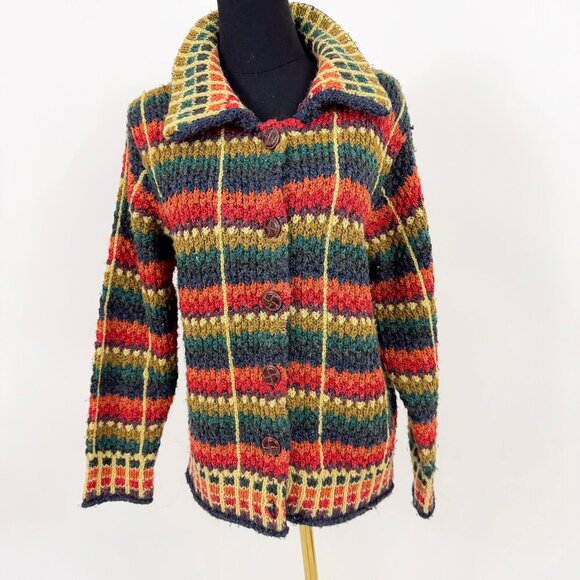 Sweaters - VINTAGE STYLE QUILT PLAID MULTI COLOR BUTTON UP WOOL CARDIGAN MEDIUM
